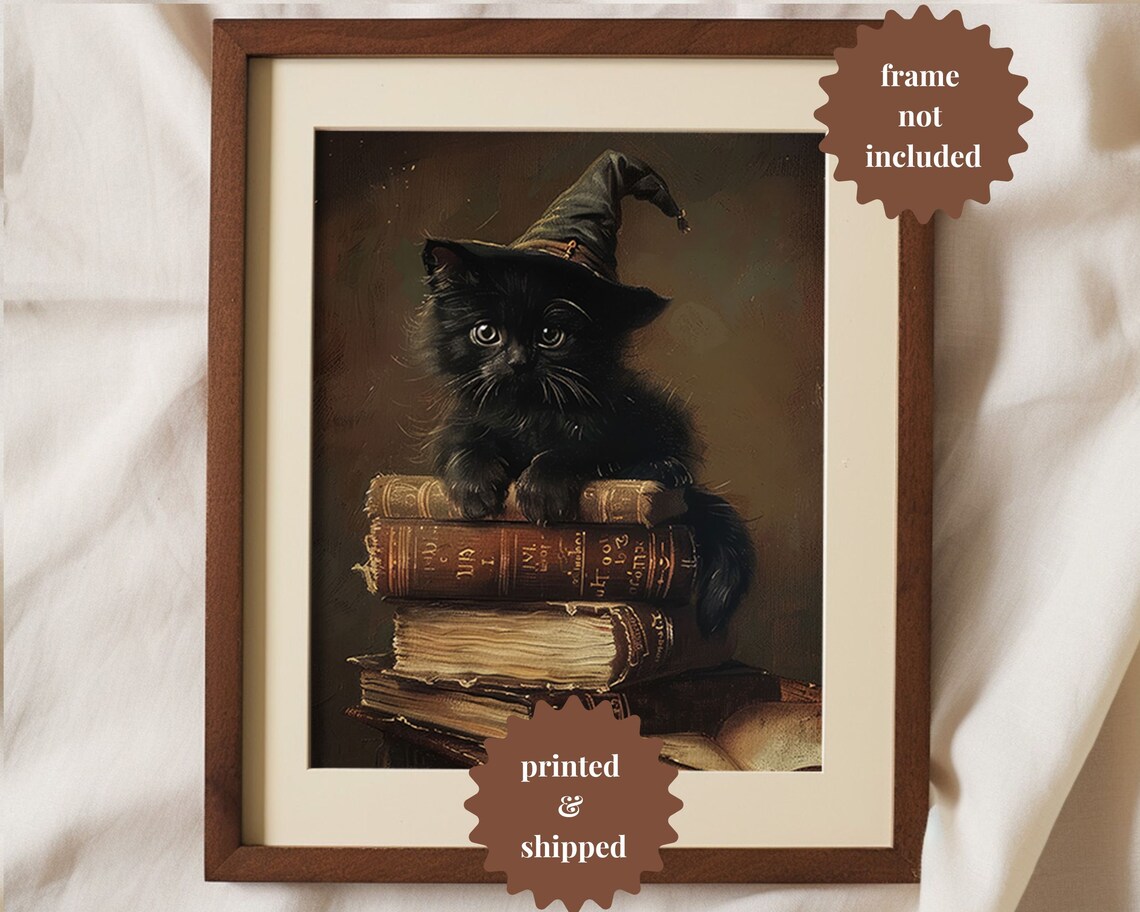 Black Kitten Witch Hat Spell Books Halloween Painting Art Poster - Image 2