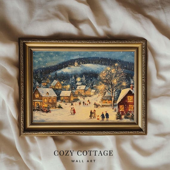 Whimsical Christmas Village at Night, Vintage Art Print
