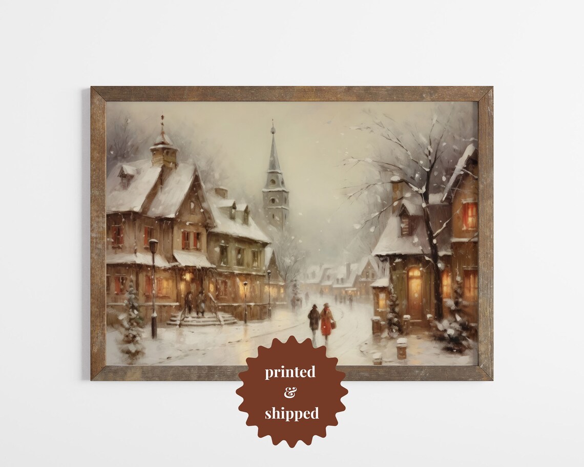 Winter Village Vintage Style Painting, Christmas Decor