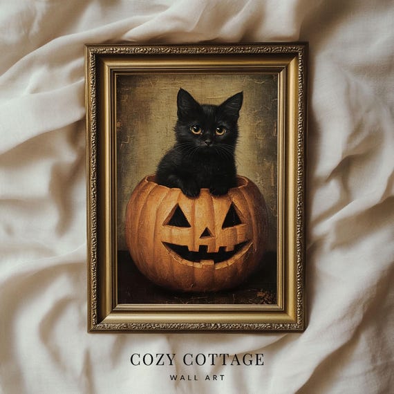 Black Cat Halloween, Vintage Cottagecore Art Print