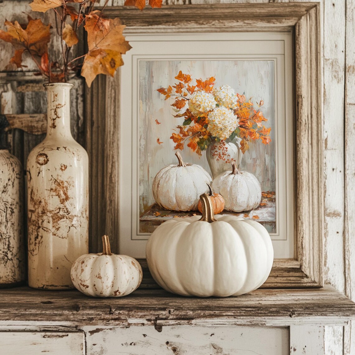 White Pumpkins And Autumn Flowers, Vintage Style - Image 3