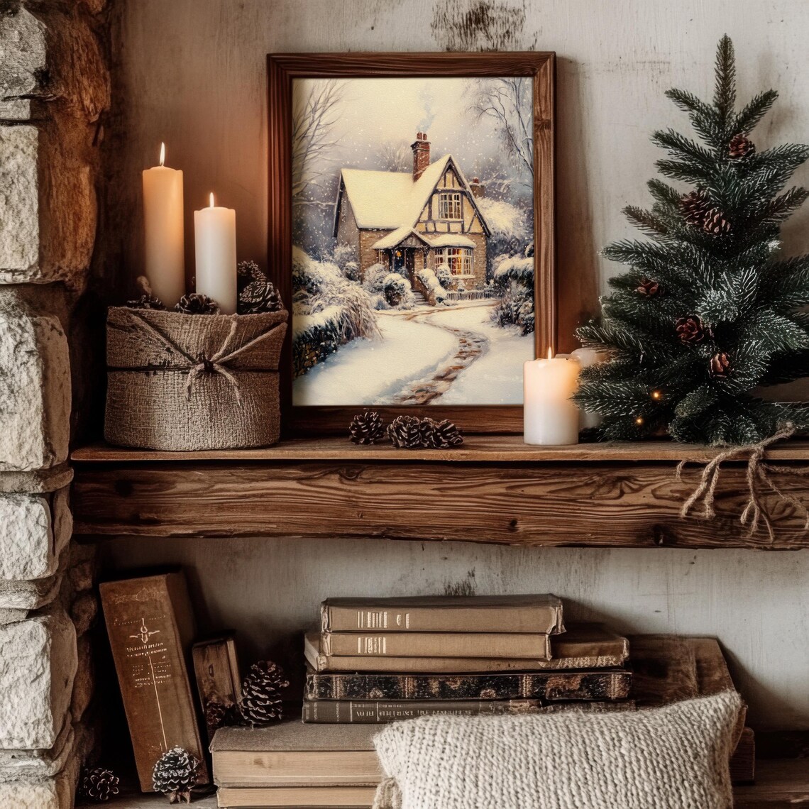 Snowy English Cottage, Cozy Vintage Style Holiday Decor - Image 3