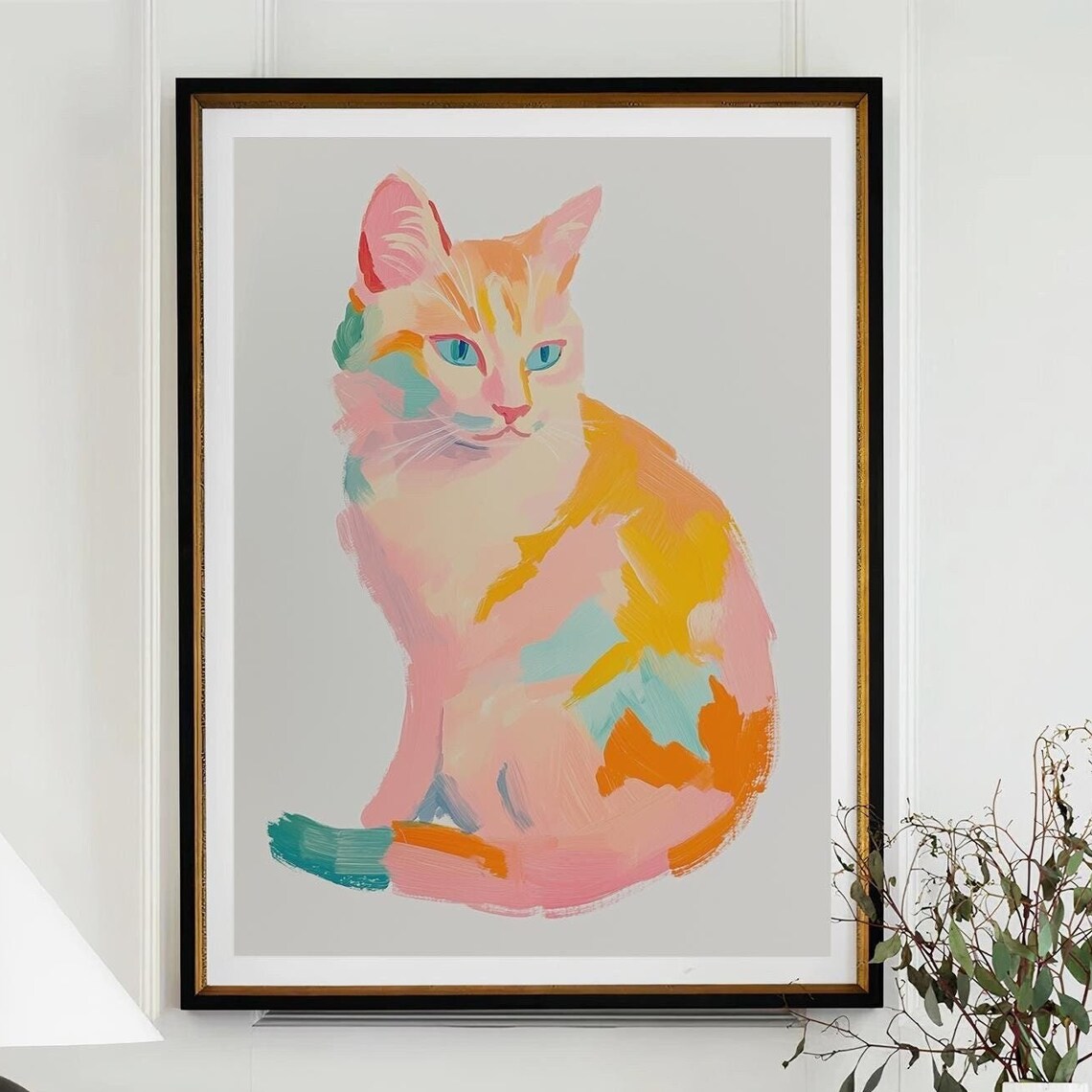 Pastel Rainbow Cat Painting Colorful Modern Pet Portrait Wall Art