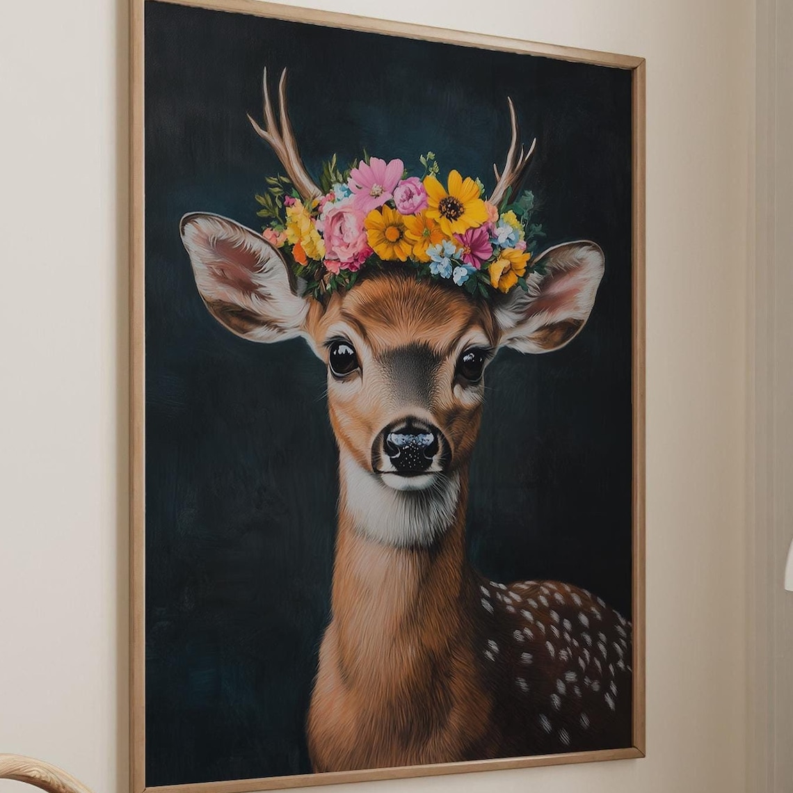 Sweet Young Deer Fawn With Flower Crown Dark Portrait Poster