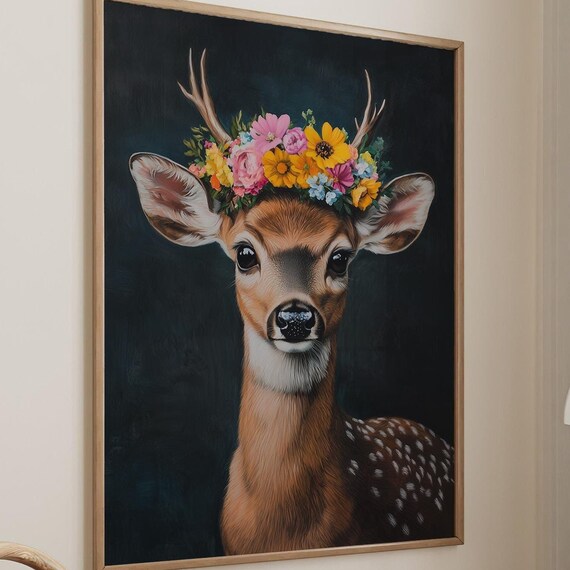 Sweet Young Deer Fawn With Flower Crown Dark Portrait Poster