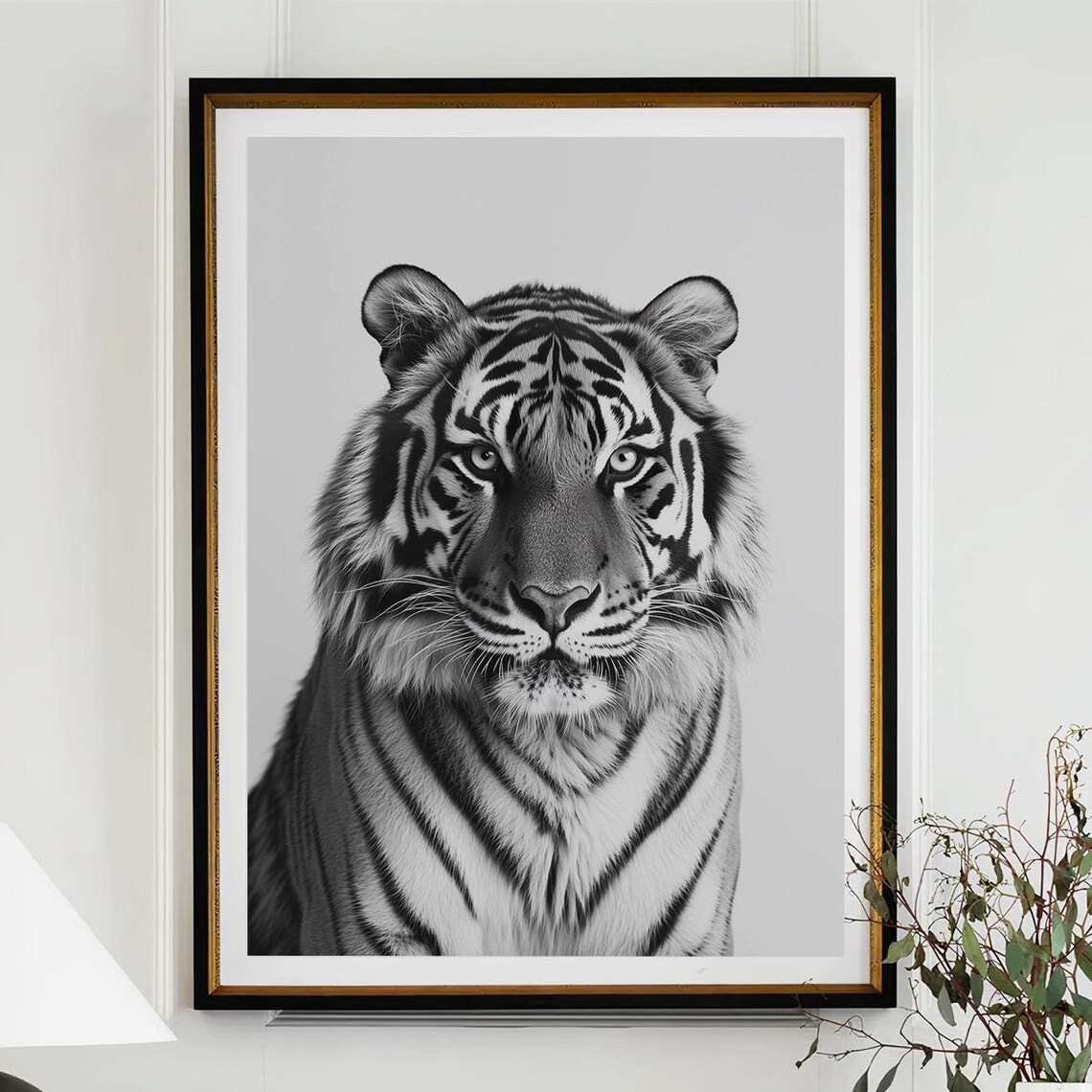 Majestic Tiger Face Black and White Wild Cat Portrait Wall Art