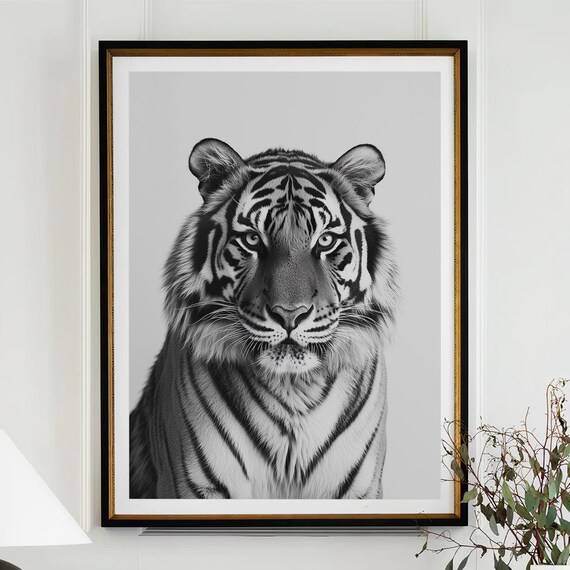 Majestic Tiger Face Black and White Wild Cat Portrait Wall Art