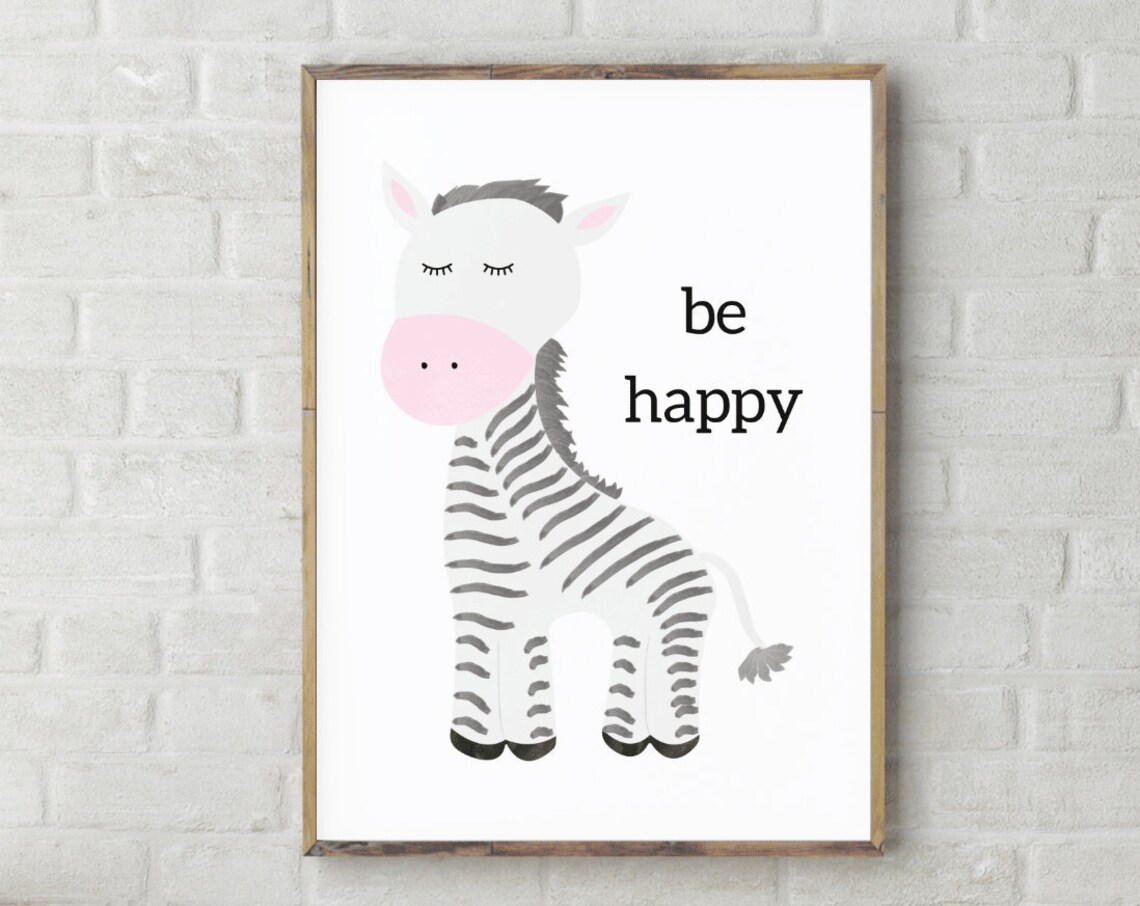 Be Happy Zebra Safari Nursery Quote Cute Animal Kids Bedroom Wall Art Poster
