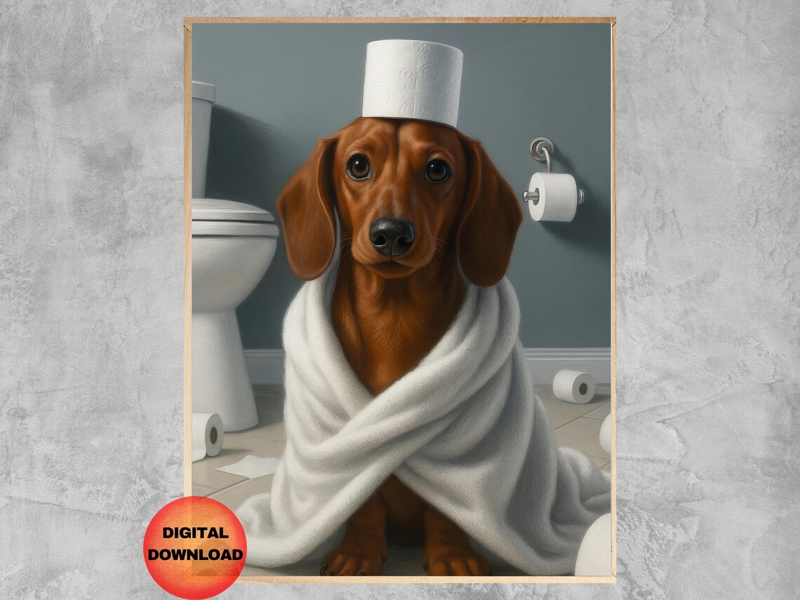 Red Dachshund Bathroom Wall Art, Funny Dog Poster