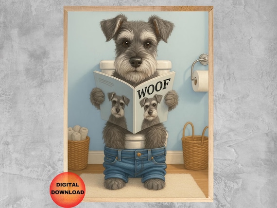 Schnauzer Dog On Toilet Wall Art Funny Bathroom Print Kids Whimsy Animal Poster Lover Gift
