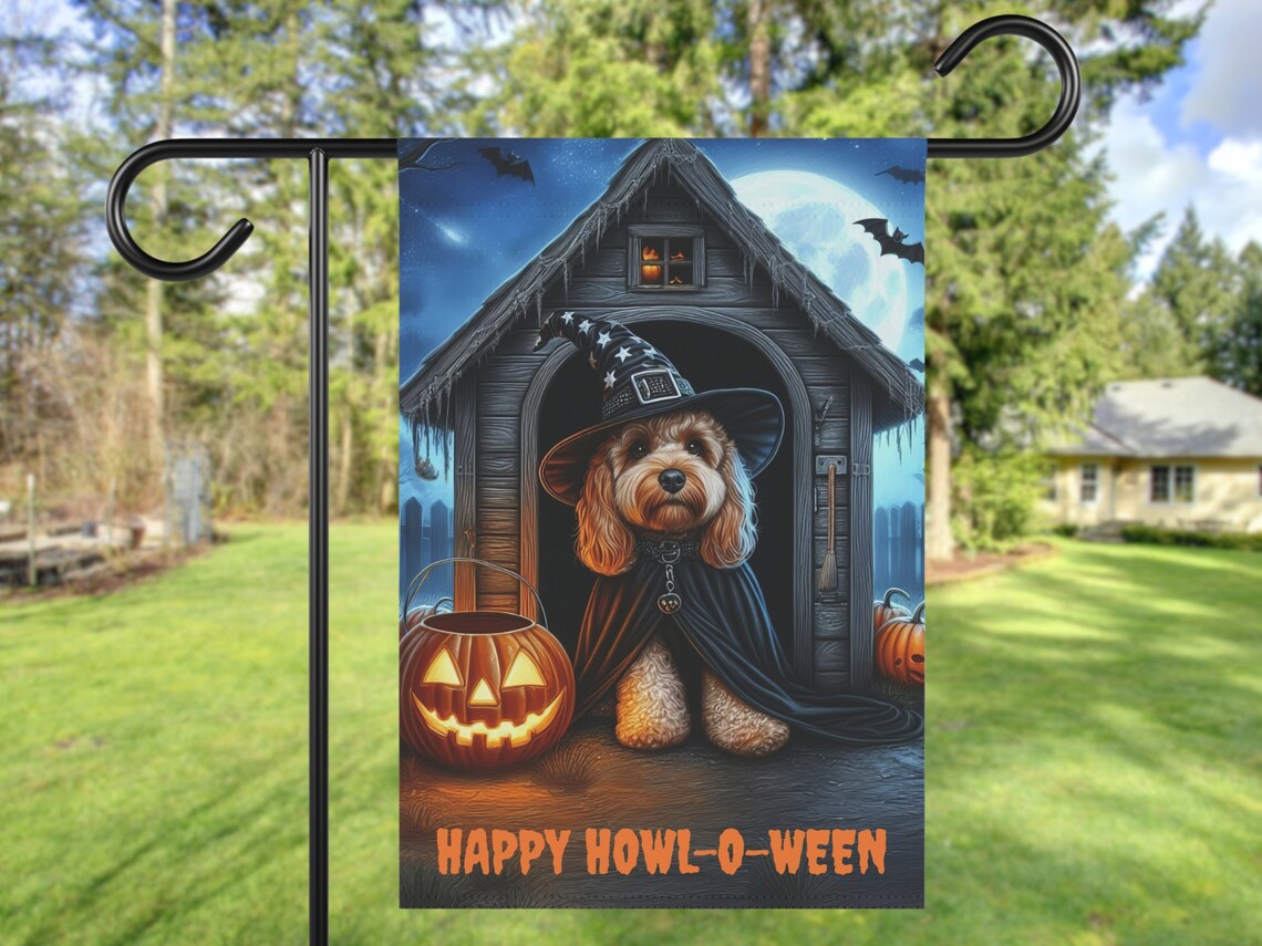 Fall Halloween Cavapoo Haunted House Art Print