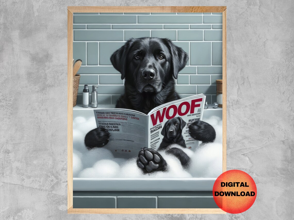 Black Labrador In Bathtub, Funny Bath Time Art Print