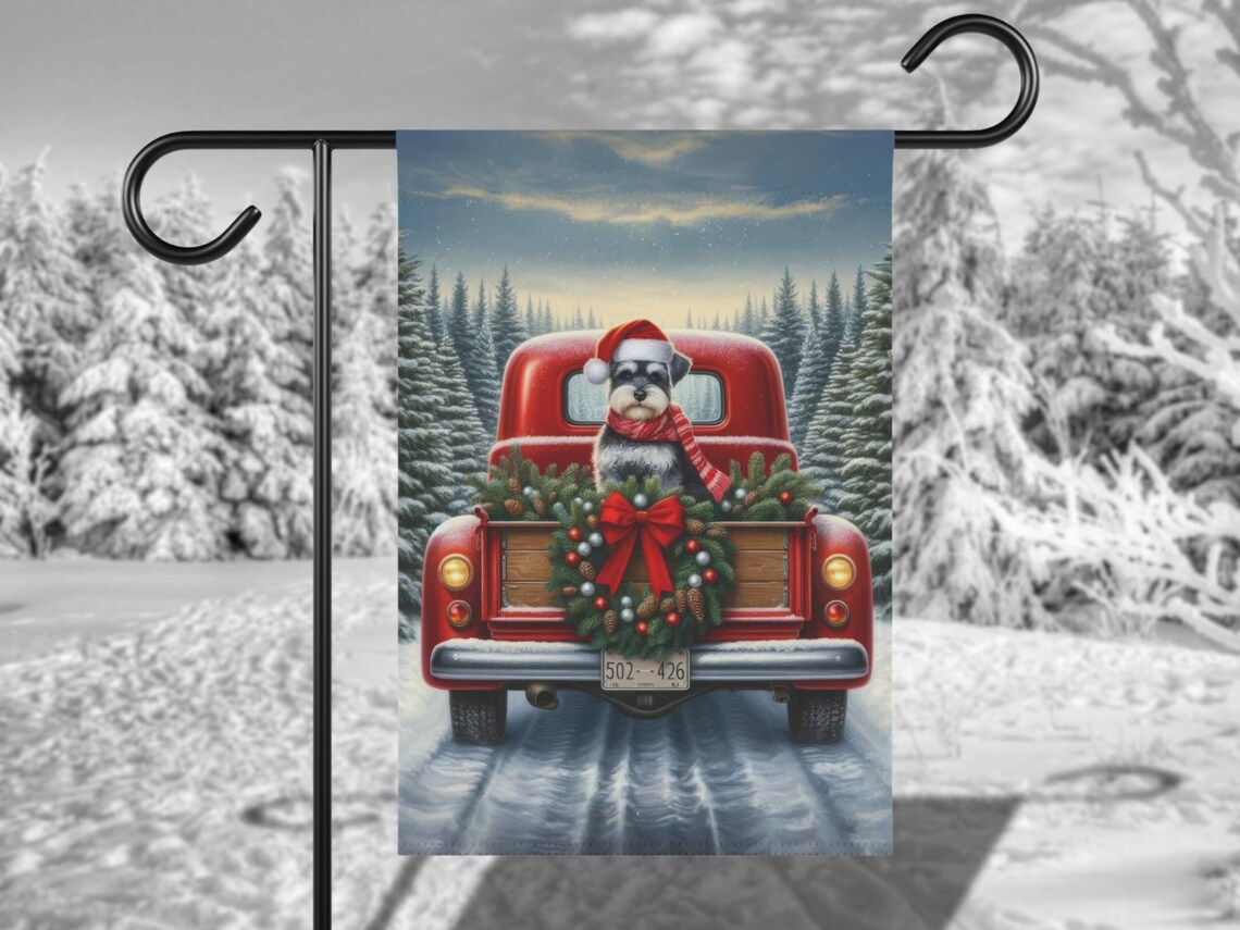Schnauzer Santa in Red Vintage Truck Christmas Holiday Garden Wall Art