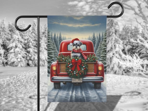 Schnauzer Santa in Red Vintage Truck Christmas Holiday Garden Wall Art