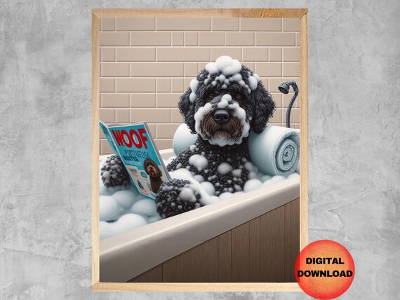 Funny Portuguese Water Dog In Bathtub Wall Art Taking Bath Poster Bathroom Animal Decor Owner Gift Kids Pet