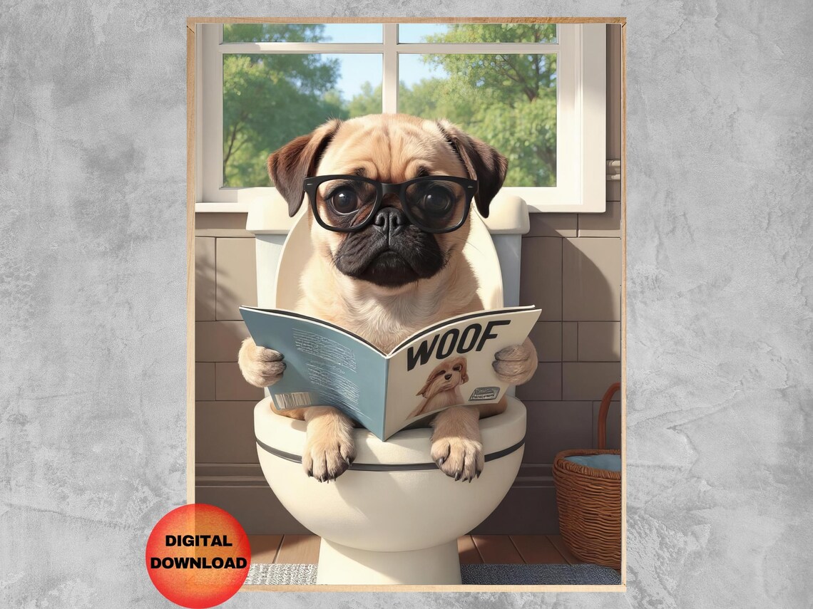 Pug Sitting On Toilet Poster, Bathroom Humor