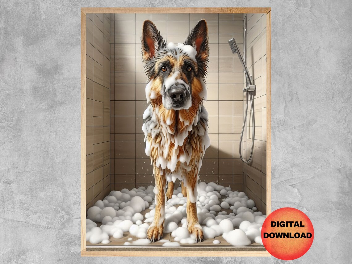 German Shepherd Bathroom Wall Art, Funny Dog Poster