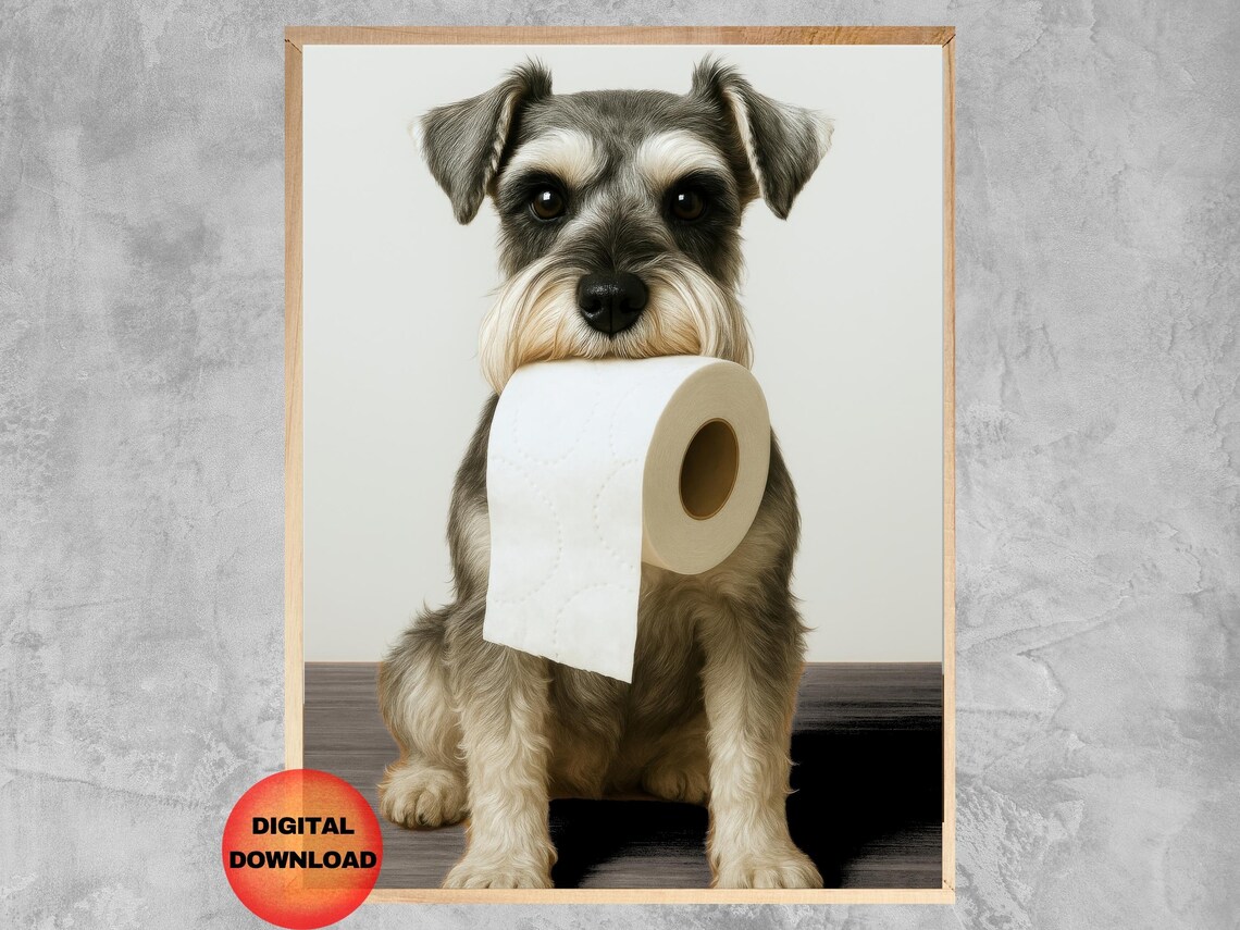 Miniature Schnauzer Puppy Holding Toilet Paper Funny Bathroom Poster
