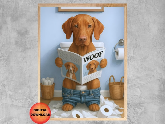 Vizsla Sitting On Toilet Wall Art Funny Bathroom Decor Whimsy Animal Poster Kids Dog Print Lover Gift