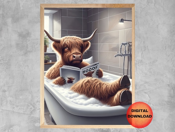 Highland Cow In Bathtub Wall Art Funny Bathroom Quirky Kids Bath Tub Animal Print Whimsy Humor Mom Gift