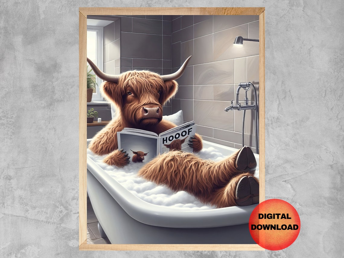 Funny Highland Cow In Bubble Bath Reading Newspaper Bathroom Poster