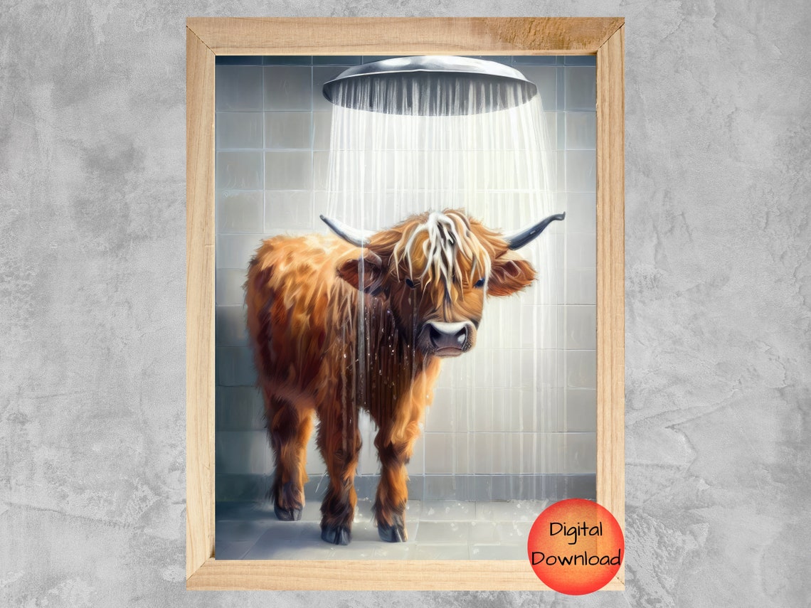 Funny Highland Cow Under Rain Shower Bathroom Humor Wall Art