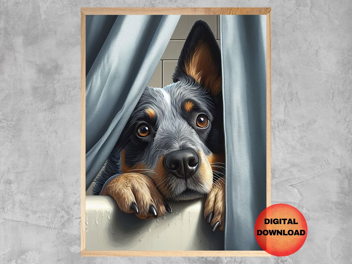 Funny Blue Heeler Bathtub Art Print, Bathroom Humor
