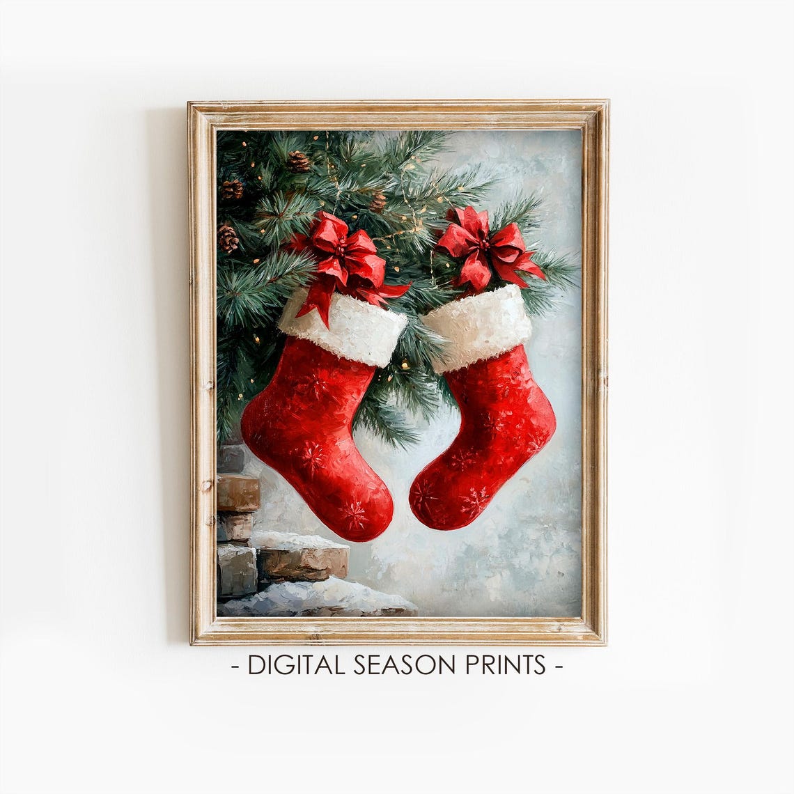 Red Christmas Stockings Hanging From Pine Branch With Bows Poster