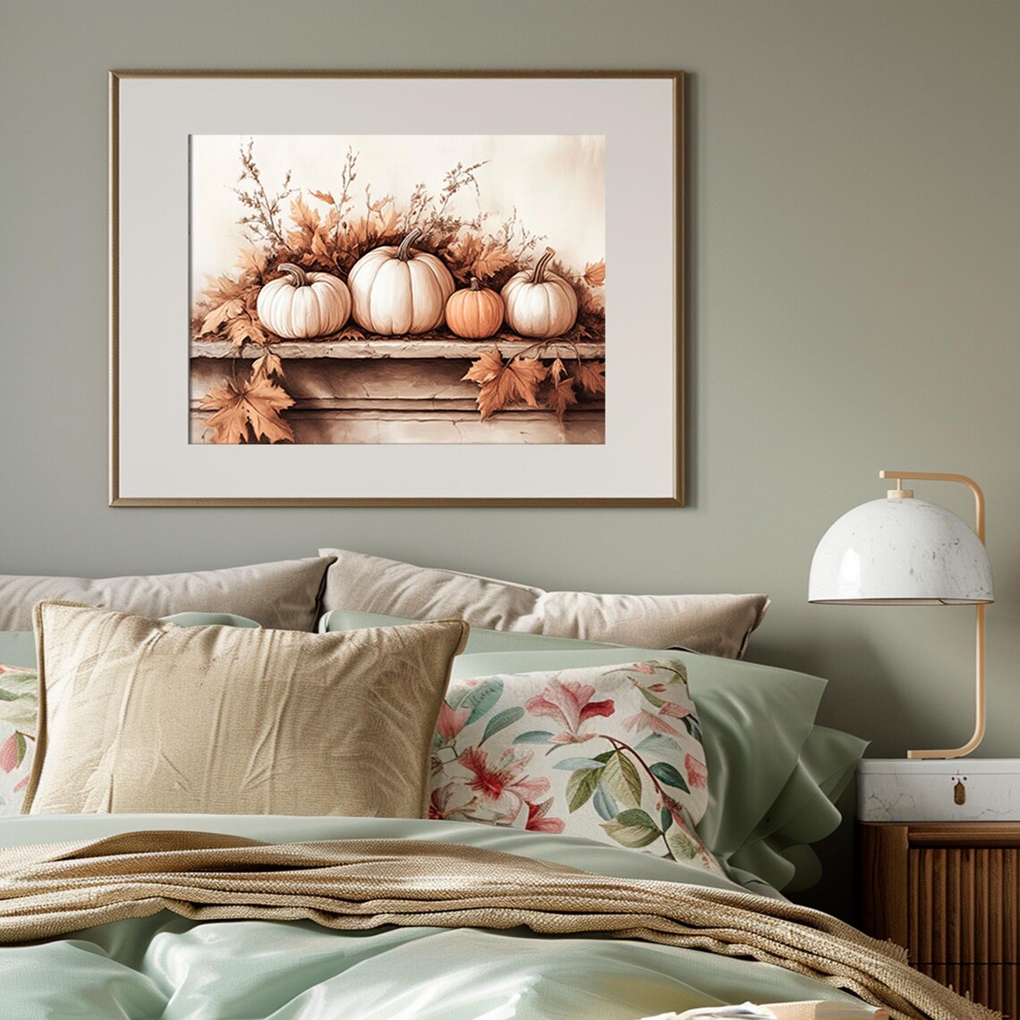 White Pumpkin Patch Fall Mantel Display Autumn Leaves Rustic Decor Poster - Image 4
