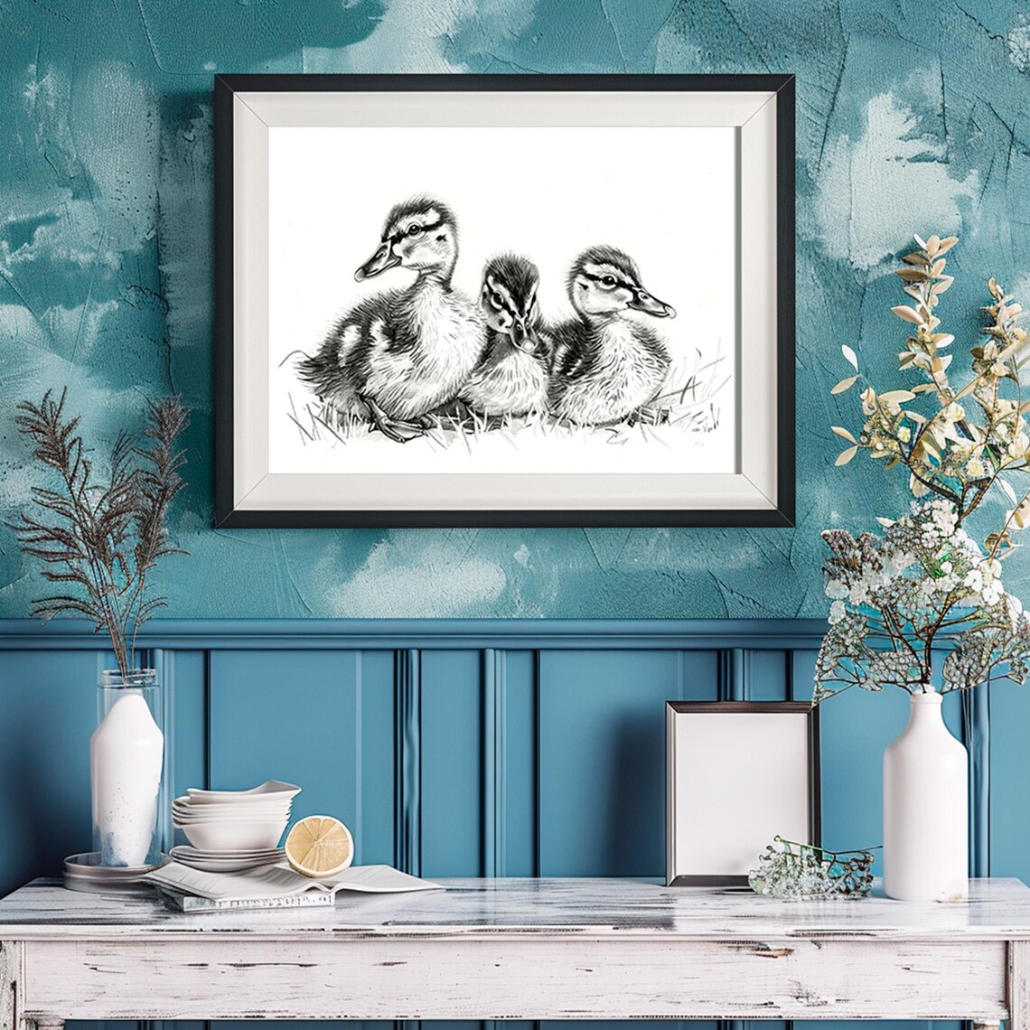 Baby Ducklings Pencil Sketch Nursery Farm Animal Drawing Art Print - Image 2