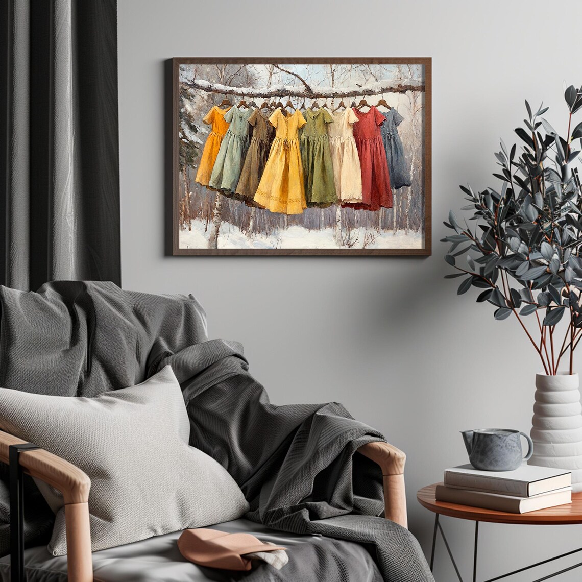 Colorful Dresses Hanging on a Snowy Winter Branch Rustic Art Poster - Image 5