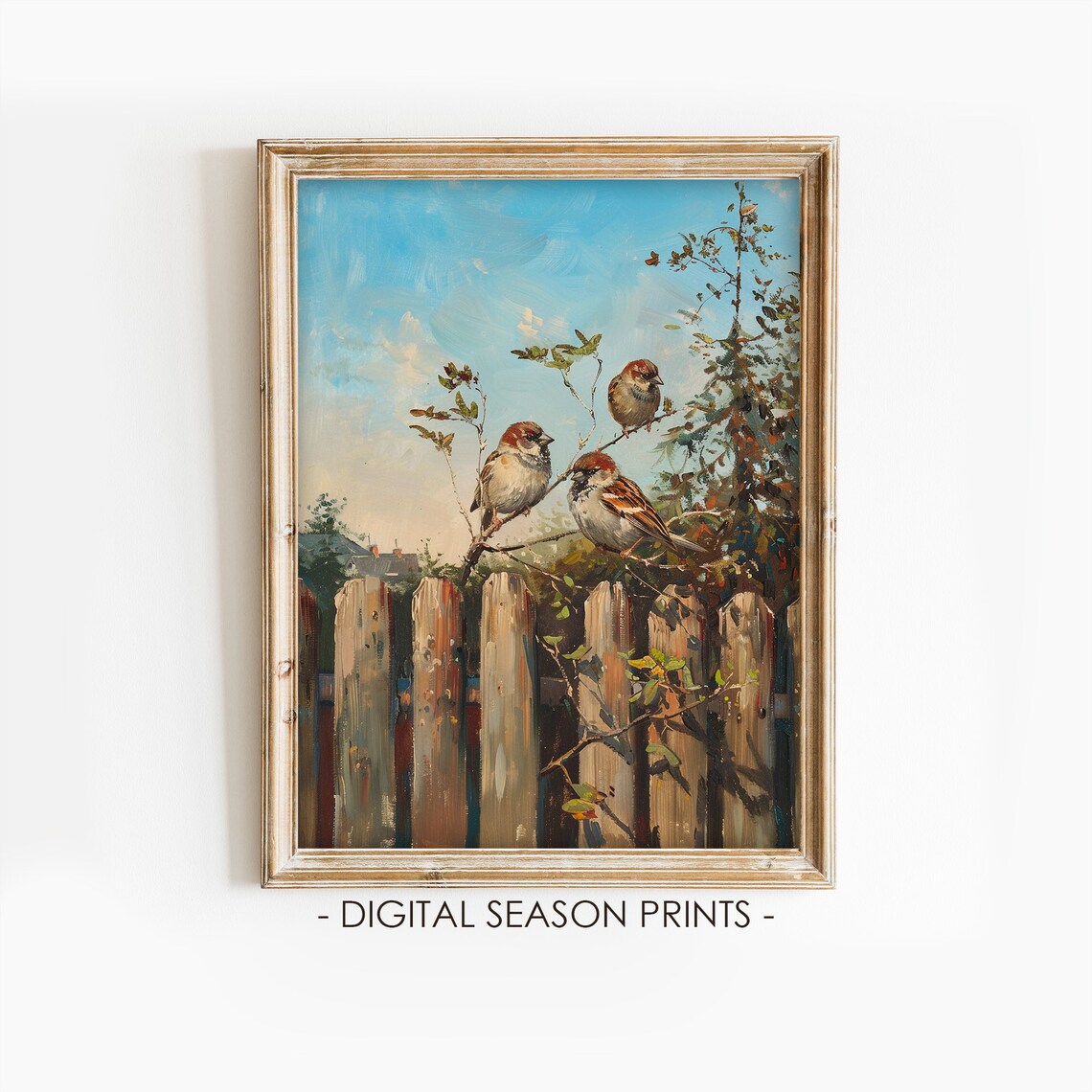 Sparrows Perched Branch Wooden Fence Bright Summer Sky Bird Painting Poster