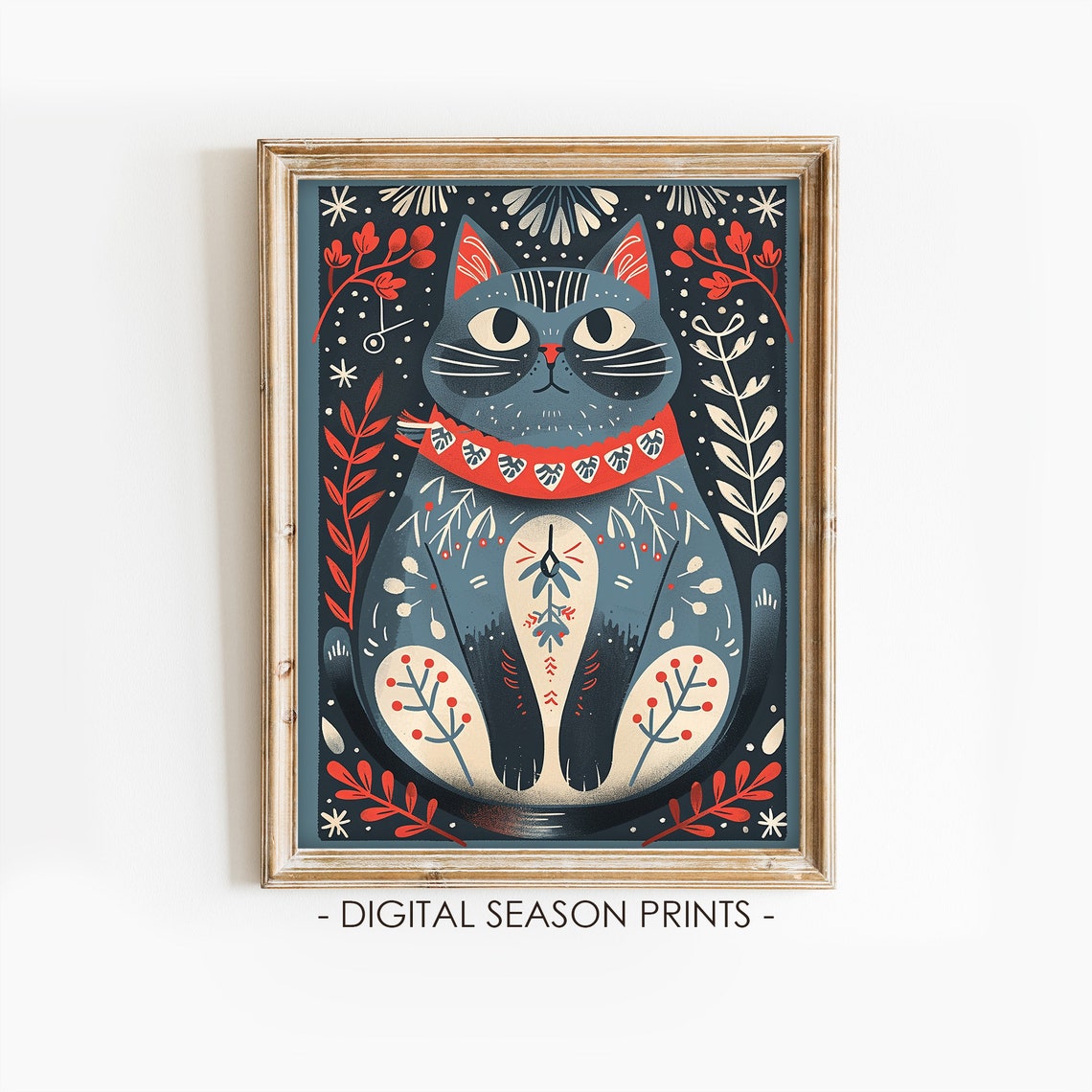 Scandinavian Folk Art Black Cat Red Floral Pattern Animal Poster