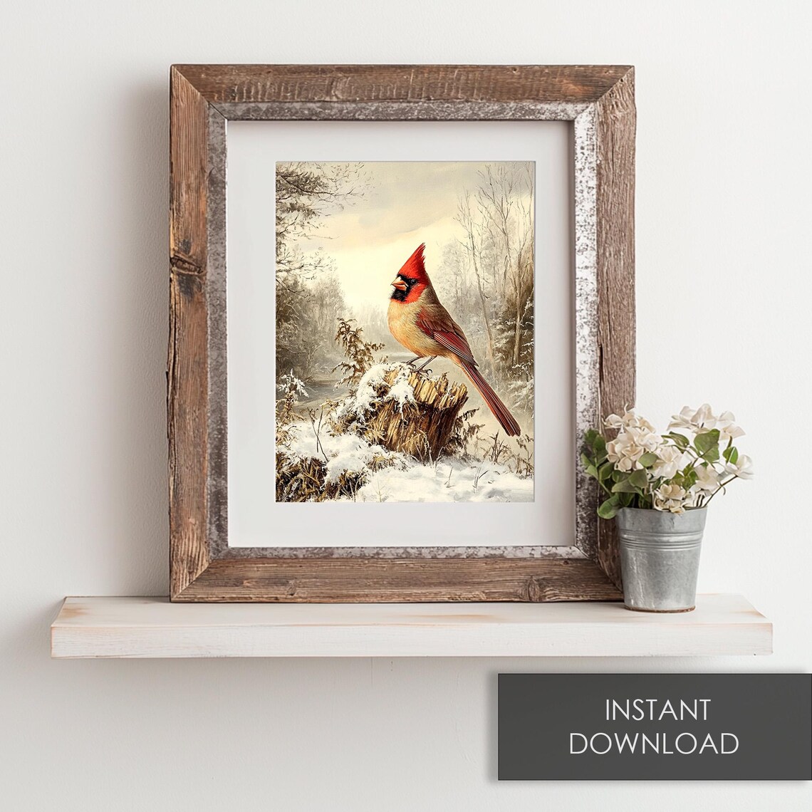 Red Cardinal Snowy Stump Vintage Winter Woodland Bird Painting Poster - Image 6