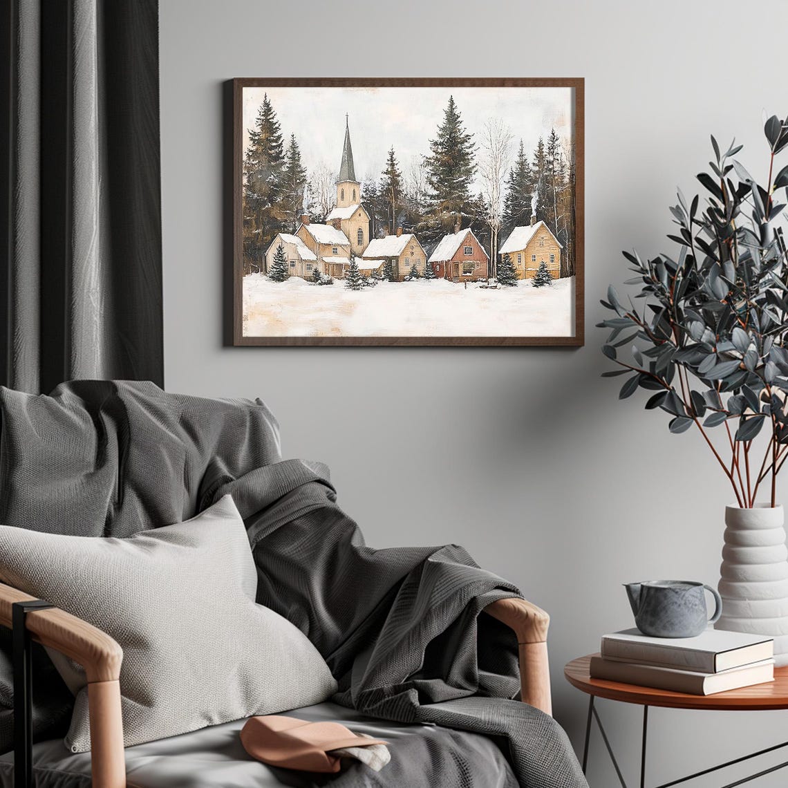 Winter Country Church Print Vintage Christmas Wall Art Snowy Landscape Painting Farmhouse Wall Decor Scandinavian Village - Image 6