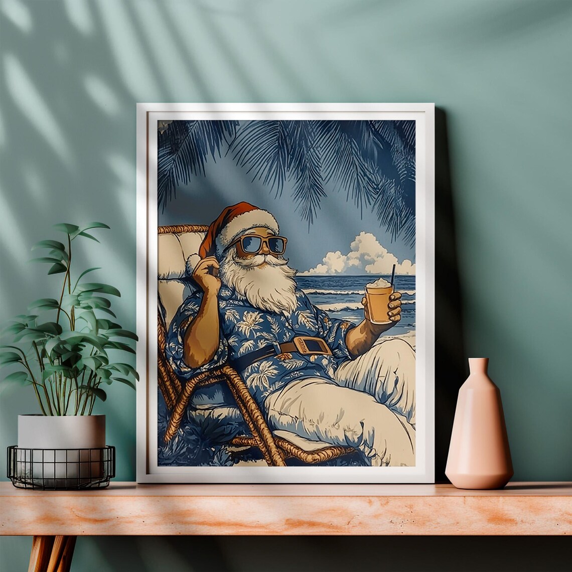 Santa in Hawaiian Shirt Beach Chair Retro Tropical Christmas Poster - Image 4