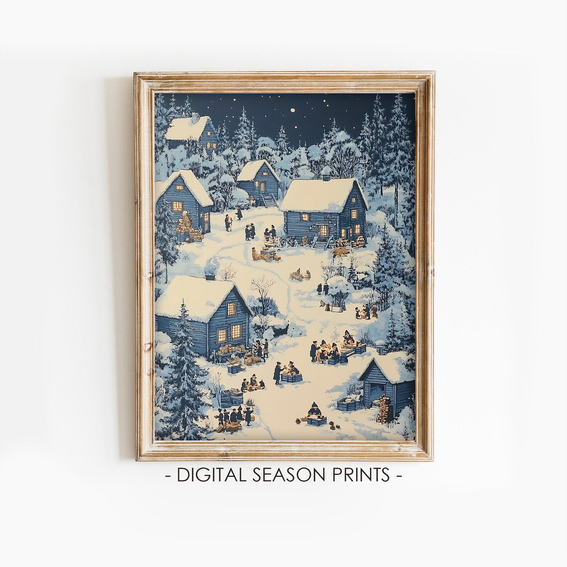 Snowy Village Christmas Eve Night Blue Cottages Vintage Scene Poster