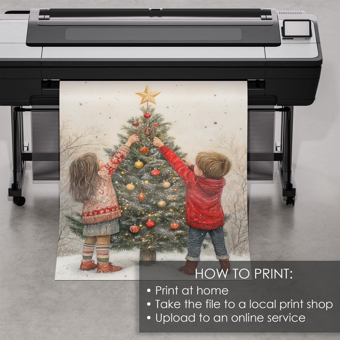 Two Kids Decorating a Christmas Tree in Falling Snow Vintage Poster - Image 5