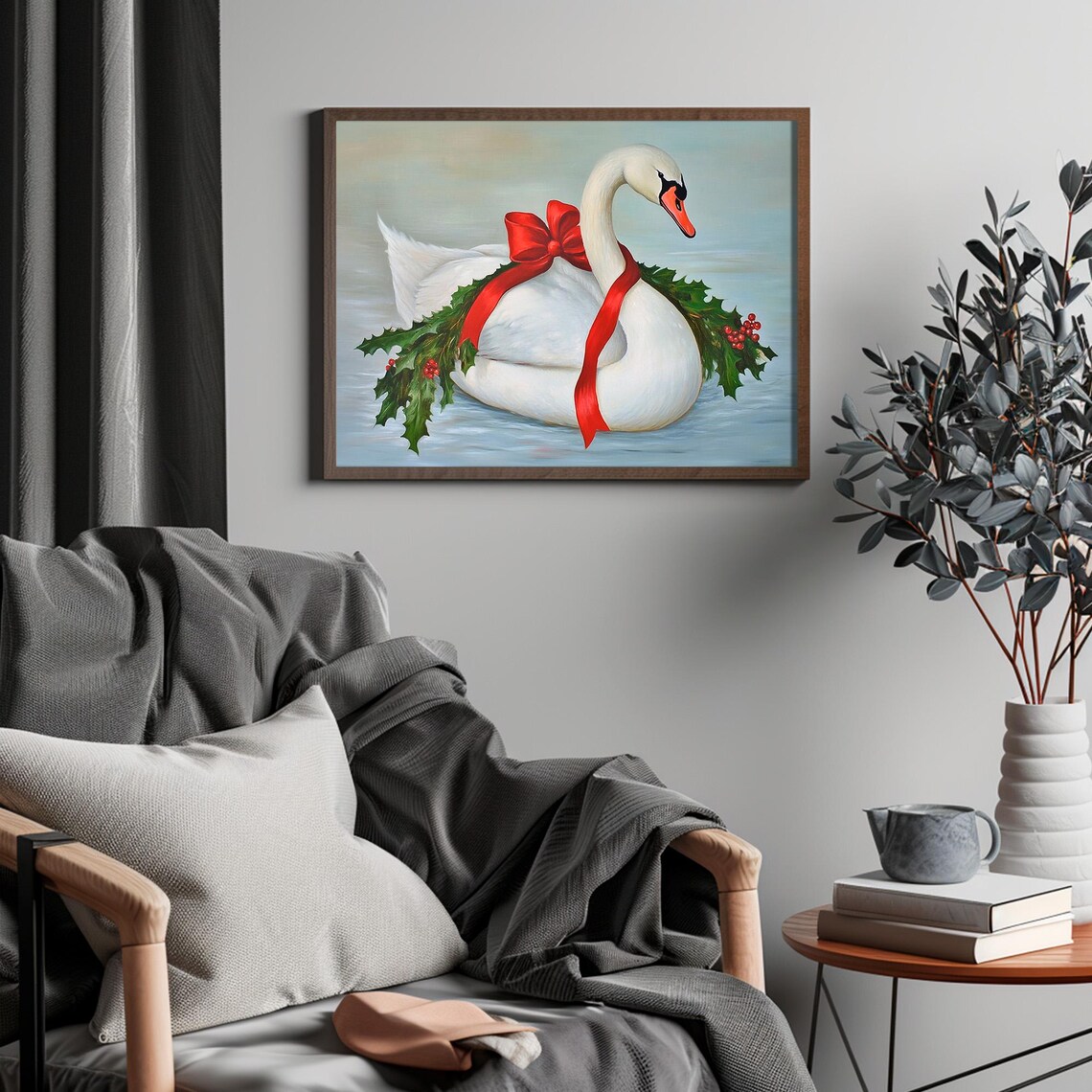White Swan Holly Wreath Red Bow Elegant Christmas Bird Art Print - Image 4