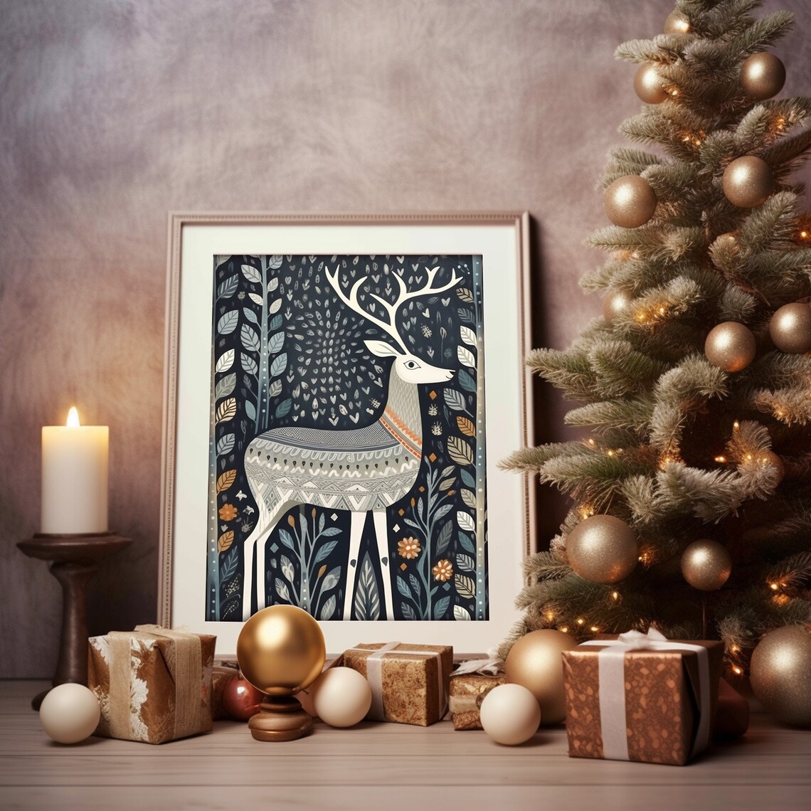 Scandinavian Folk Art Deer on Dark Forest Nordic Animal Print - Image 6