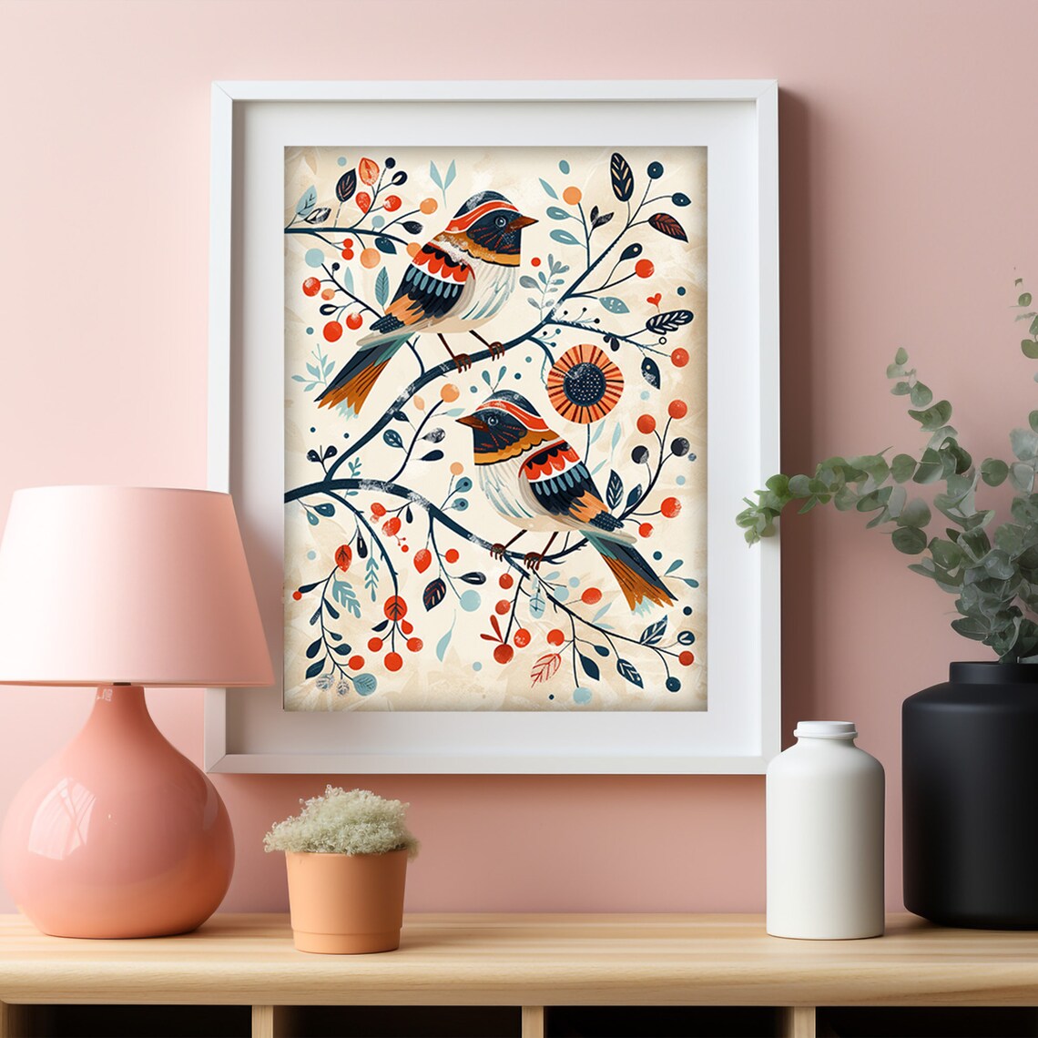 Scandinavian Folk Art Birds Berry Branch Nordic Animal Painting Poster - Image 4