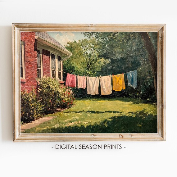 Sunny Clothesline With Laundry Behind A Brick Farmhouse Garden Poster