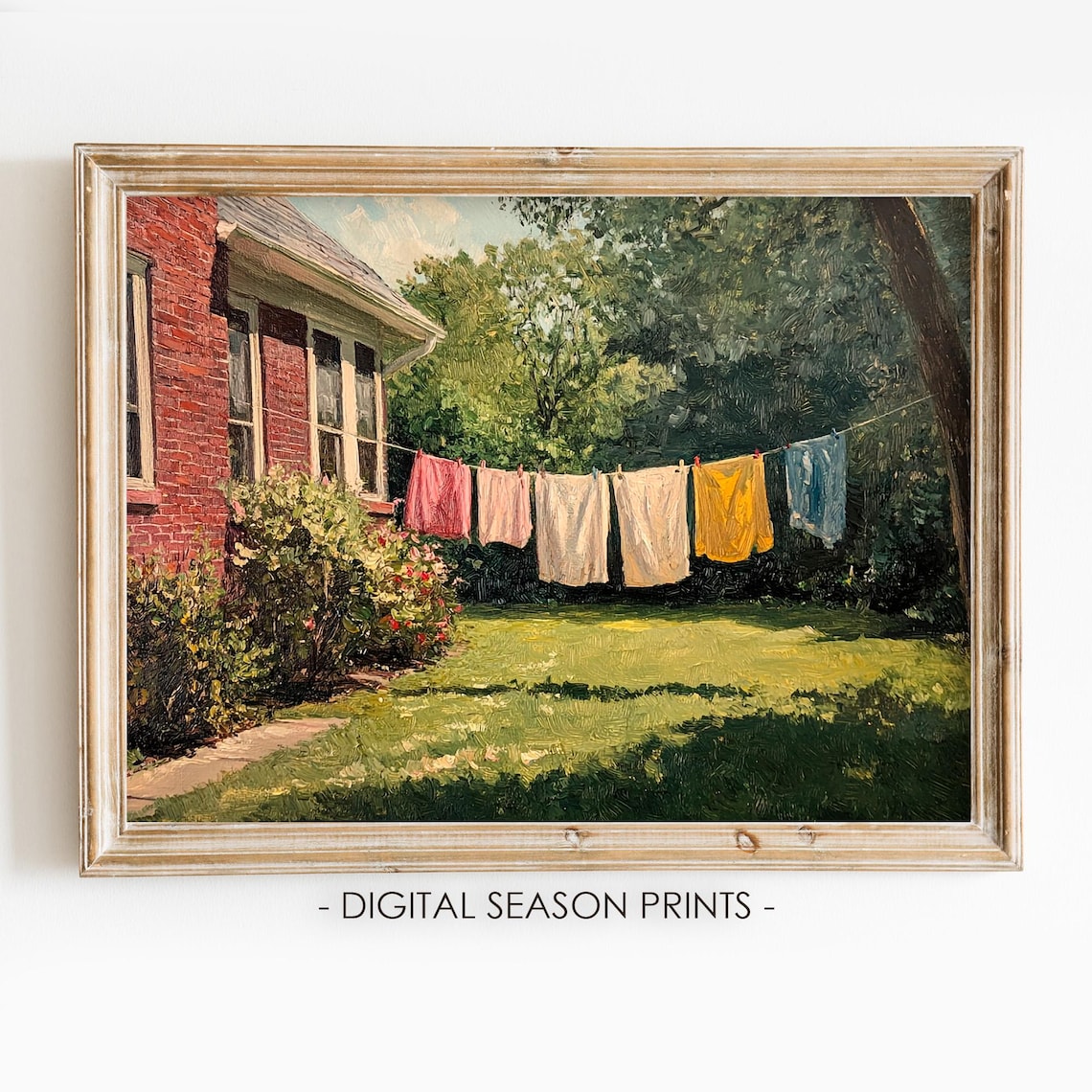 Sunny Clothesline With Laundry Behind A Brick Farmhouse Garden Poster