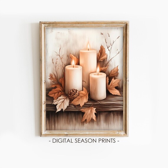 Three Lit Fall Candles With Autumn Leaves And Pinecone Poster
