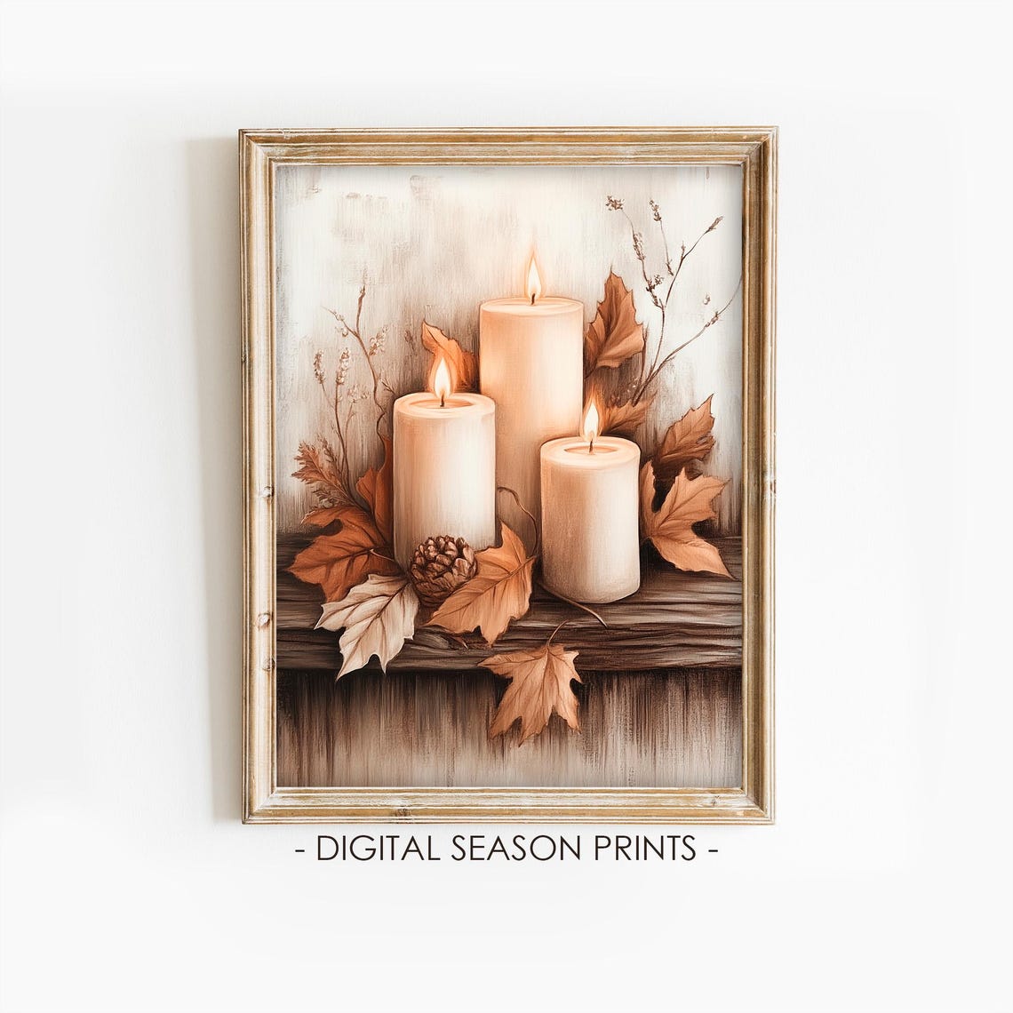 Three Lit Fall Candles With Autumn Leaves And Pinecone Poster