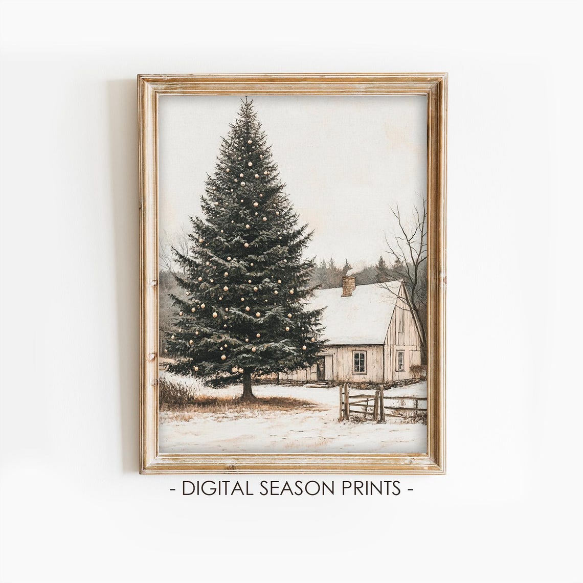 Rustic Cabin with a Tall Decorated Christmas Tree in Snow Poster