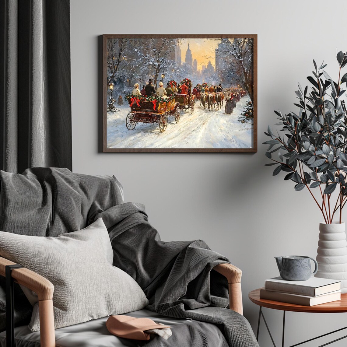 Vintage Horse Carriage Parade Snowy Christmas City Winter Print - Image 4