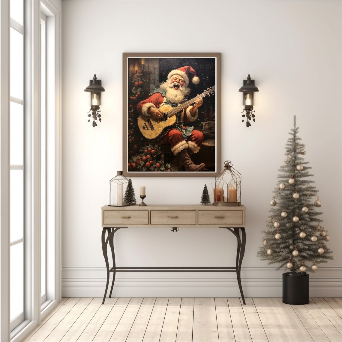 Santa Claus Playing Guitar Laughing Holly Christmas Music Print - Image 2