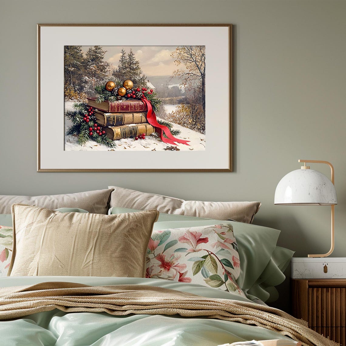 Stack Of Old Books Christmas Ornaments Book Lover Holiday Art Print - Image 3