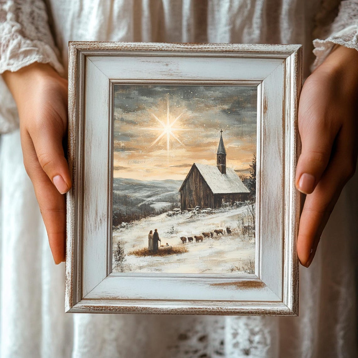 Christmas Star Nativity Scene Snowy Chapel Shepherds Sheep Poster - Image 3